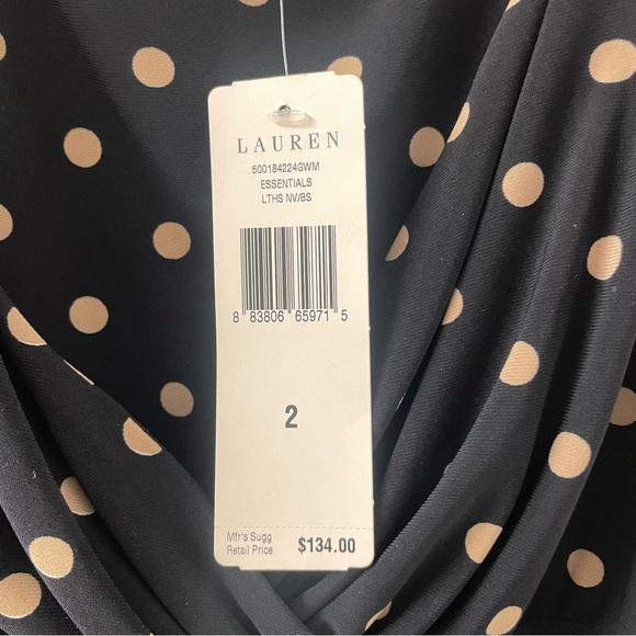 SALE! NWT Lauren Ralph Lauren Polka Dot Ruched Faux Wrap Dress V Neck Size 2 - Picture 6 of 7